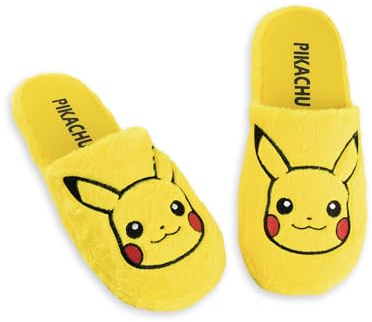 Pokemon Pikachu Adults Slippers | Unisex Pikachu Character Graphic Indoor Mules for Adults in Yellow | Pocket Monster Fur Slip On House Shoes | Classic Game TV Series Bedroom Footwear Merchandise Gift