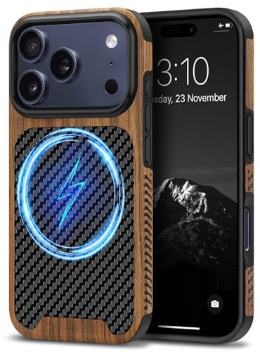 TENDLIN Magnetische Hülle Kompatibel mit iPhone 17 Pro Hülle (Schwarz) | Holz und Carbon Textur Design Leder Hybrid Handyhülle (Kompatibel mit MagSafe)