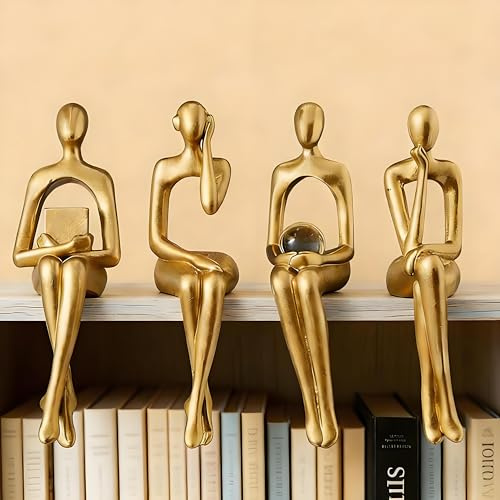 4er-Set goldene Denkerstatuen Kunstharz abstrakte Skulpturen Wohnzimmerdeko | 4er-Set abstrakte Denkerstatuen Kunstharz Goldoptik, wasserdicht pflegeleicht, ideale Deko Wohnzimmer Bücherregal Büro