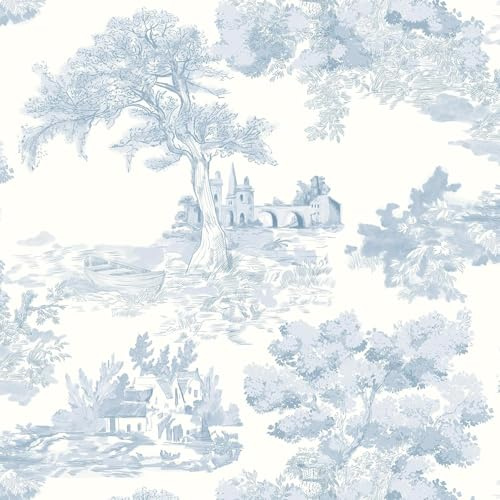 Yomshi Self Adhesive Wallpaper, Boho Contact Paper 44 x 300 cm Blue Tree, Boat and Houses Wall Paper Roll Vinyl Wrap for Kitchen Cupboards Waterproof Renter Friendly Peel and Stick