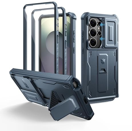 Dexnor Kompatibel mit Samsung Galaxy S26 Ultra Hülle mit Eingebaute Schiebekamera Abdeckung&Displayschutz&Kickstand, Schwerlast Stoßfestes Robustes Ganzkörper Stoßfänger Handyhülle - Marineblau