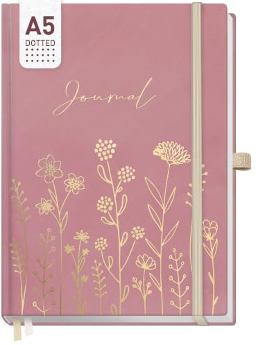 Häfft paper&you Premium Journal A5+ dotted Notizbuch Fine Flowers rosé | 120 g/m² dickes Papier, 188 nummerierte Seiten gepunktet - Tagebuch, Journaling-Buch mit Gummiband, Stifthalter & Prägung
