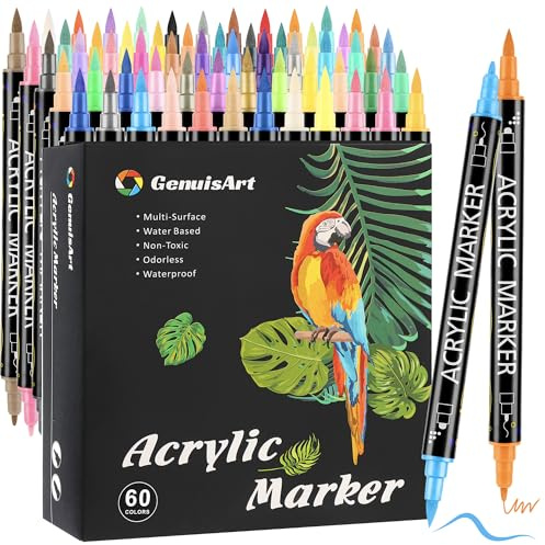 Sanweyter Rotuladores acrílicos, 60 colores resistentes al agua para pintura sobre roca,tela,metal,vidrio,madera,lienzo,plástico,no tóxico e inodoro (60)