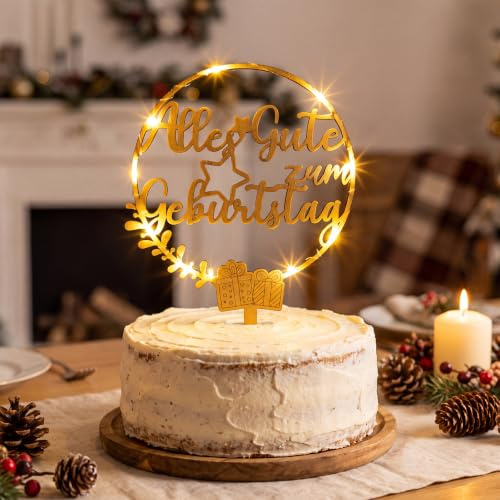 woric Cake Topper Geburtstag, Alles Gute zum Geburtstag Tortendeko | Holz Tortenstecker mit LED Lichterkette Wiederverwendbare Tortendeko Tischdeko Kuchen Deko Geburtstagsdeko Party Deko
