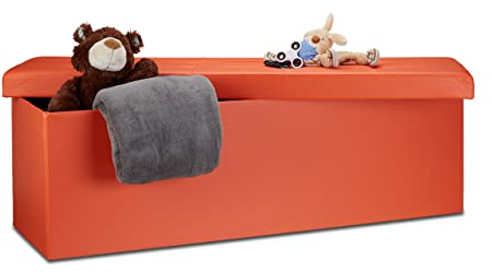 Relaxdays Faltbare Sitzbank HxBxT 38 x 114 x 38 cm, XL Kunstleder Sitztruhe, Aufbewahrungsbox mit Stauraum, Orange