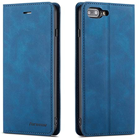 EYZUTAK Hülle für iPhone 7 Plus iPhone 8 Plus, Magnetverschluss Premium PU Leder Flip Case mit Kartenfächern Brieftasche Standfuntion stoßfeste Silikonhülle Retro Ledertasche - Blau