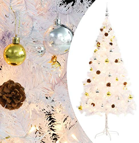 vidaXL Künstlicher Weihnachtsbaum mit Kugeln LEDs Tannenbaum Christbaum Dekobaum Kunstbaum Weihnachten Dekoration Weihnachtsdeko Weiß 180cm