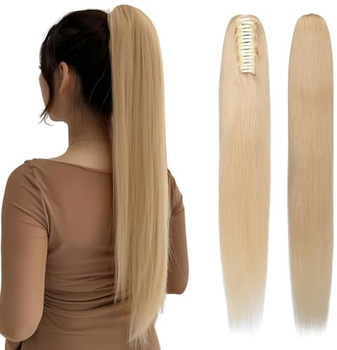Elailite 40cm Extensions Echthaar Haarverlängerung Haarteile mit Klammer 105g Pferdeschwanz Ponytail Remy Glatt Zopf Human Hair 16 #24 Natürliches Blond