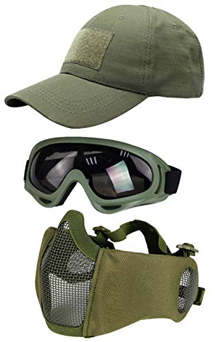 Hodeacc Juego de 3 máscaras tácticas de Airsoft para béisbol,máscara de Malla de Media Cara Ajustable con protección para los oídos,Gafas Anti UV,Gafas de Airsoft para Aire Libre