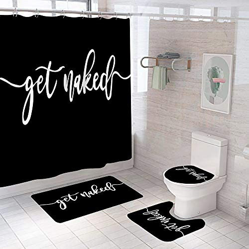 Grey Get Naked Shower Curtains with Bath Mats,4 Piece Machine Washable Mildew Proof Toilet Lid Cover,Non-slip Bathroom Mat, Absorbent Pedestal Rugs and Waterproof Bathtub Curtain with Hooks (Black)