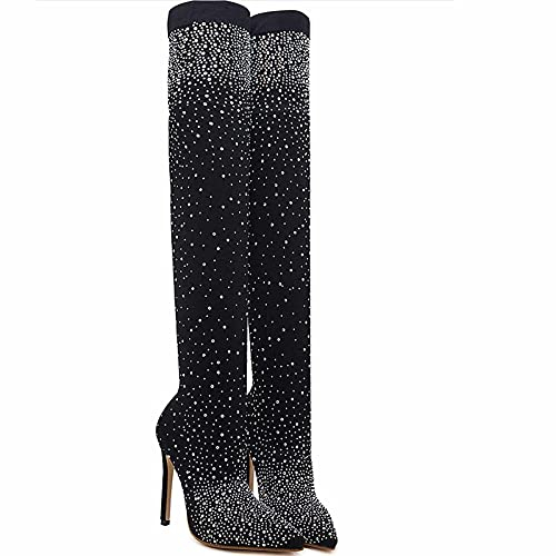 BBOOY Donna sopra Il Ginocchio Tacco Alto a Spillo Punta a Punta Slip-on Calze in Rete Elasticizzata Stivali Alti alla Coscia, Stivaletti Sexy Scintillanti Festa di Natale Danza Stiletto,Nero,40