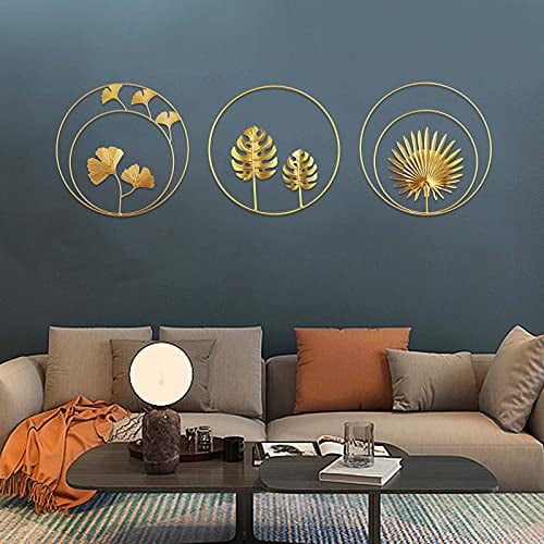 Opaltool lot de 3 Sculptures Murales en Fer Métal Feuilles- Feuilles de ginkgo dorées - Feuilles de palmier - Décoration murale ronde - Décoration pour maison, bureau, salon, hôtel