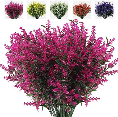 Yanyan 8 Künstliche Lavendel Blumensträuße Gefälschte Grün Sträucher Büsche Pflanzen Blumen Dekorationen für Garten Outdoor Indoor Home Decor (Fuchsie)