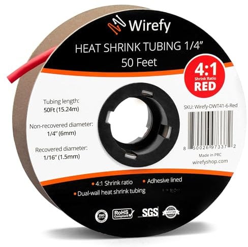 Wirefy Gaine Thermorétractable Etanche 6,4 mm - 4:1 Tube Thermoretractable à Double Paroi - Revêtement Adhésif - Gaine Thermo - Rouge - Rouleau de 15 m