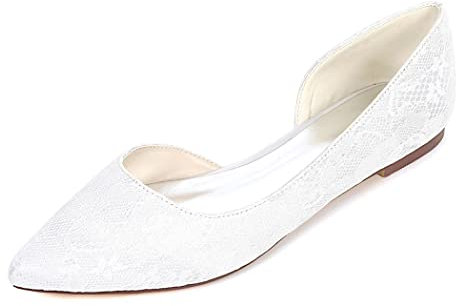 Womens Flat Bridal Shoes Lace Pointed Toe Ballet Pumps Wedding Bridesmaid Shoes 2046-08LS,White,5 UK