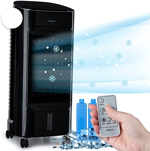 oneConcept 60W Luftkühler mit Wasserkühlung, 4-in-1 Verdunstungskühler, Luftbefeuchter, Ventilator & Luftreiniger, Mobile Klimageräte Luftkühler 4L, Air Cooler mit Bodenrollen, 2 Kühlpacks, 320m³/h