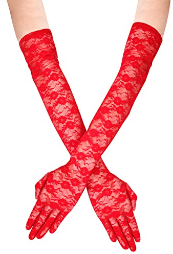 KINBOM Lange Spitzenhandschuhe, Blumen Brauthandschuhe für Hochzeit Spitzenhandschuhe für Damen Teeparty Kostüme der 1920er Jahre Abschlussball Maskerade, Ein Paar, Länge 54cm (Rot)
