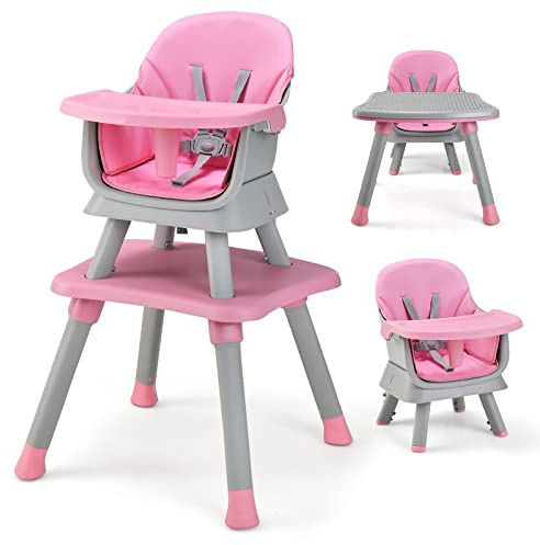 DREAMADE Hochstuhl mit Tisch, 6 in 1 Kinderhochstuhl mit Tablett & 5-Punkt Sicherheitsgurt, Babystuhl mit Abnehmbarem Kissen, Essstuhl Baby 7-36 Monate bis 25 KG (Pink)
