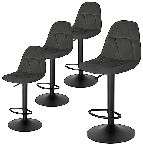 Lestarain Barhocker 4er Set, Tresenhocker, Bistrohocker, Design-Hocker mit Rückenlehne, höhenverstellbar, 360°Drehhocker, Barstuhl mit Samtbezug, aus Metall, Sitzhöhe 60-81 cm, dunkelgrau, LBAI64001-4