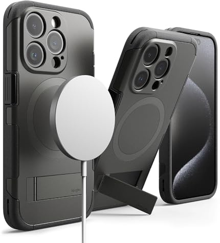 Ringke for iPhone 15 Pro Case, Alles (Gunmetal) | Compatible with MagSafe, Built-In Metal Stand, Heavy-Duty Hybrid Cover, Individual Camera Cutouts