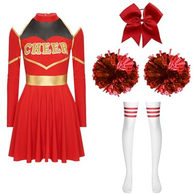 Aislor Cheer Leader Kostüm Damen Halloween Langarm Cheerleading Uniform Outfits Tanzkleid Mit Pompoms/harrband Karneval Cheerleading Kostüm I Rot S