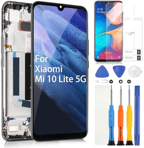AMOLED Pantalla para Xiaomi Mi 10 Lite 5G M2002J9G M2002J9S XIG01 6.57'' LCD Pantalla Táctil Digitazer Assembly Reemplazo con Marco, Kit de Herramientas de Reparación (Soporte Fingerprint)