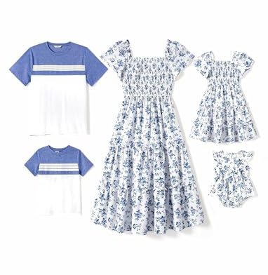 PATPAT Familien Outfits Set Kurzarm Boho-Stil, Partnerlook Mutter Tochter Kleid, Passende T-Shirt & Mutter Kind Kleider Mama Tochter Kleidung Sommer, Couple Paare Damen XL