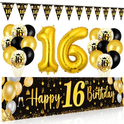 16 Geburtstag Deko Junge Mädchen, 16 Happy Birthday Banner Schwarz Gold, Luftballons 16 Geburtstag Wimpel Girlande, Deko 16. Geburtstag Hintergrund Ballons Schwarz Gold für Jungen Mädchen Party Deko