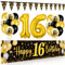 16 Geburtstag Deko Junge Mädchen, 16 Happy Birthday Banner Schwarz Gold, Luftballons 16 Geburtstag Wimpel Girlande, Deko 16. Geburtstag Hintergrund Ballons Schwarz Gold für Jungen Mädchen Party Deko