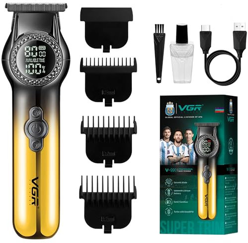 VGR Tondeuse à barbe électrique rechargeable USB-C pour homme - Professionnel 8000 tr/min - Lumière LED - 2 vitesses - Lames en céramique - Batterie de 200 min - Tondeuse à cheveux sans fil - Kit de