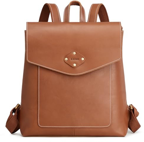 S-ZONE Damen Rucksack Vintage Echtes Leder Schultertasche Schule Umhängetasche Fashion Reiserucksack Backpack mit Gepäckfach
