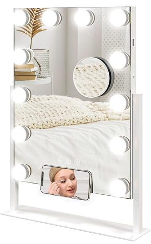 HOMCOM Hollywood Vanity Mirror with Lights, 37x46 cm Lighted Makeup Mirror with 3 Colour, 12 LED Bulbs, 10X Magnifying, USB Charging Port, Phone Holder, 360° Rotation, Touch Screen