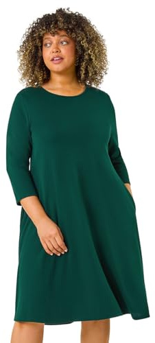 Roman Originals Tunic Dress with Pockets for Women UK Ladies Swing Fit & Flare Skater Slouch Stretchy Casual Smart Winter Jersey Pull On Work Office 3/4 Long Sleeves - Forest Plus - Size 18