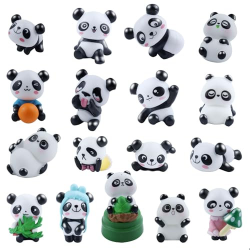 BITEFU 17 Stück Kungfu Panda Figuren, Niedlich Panda Ornament Panda Mini mit 1 Stück Bambusbecken für Kinderfeste, Kuchen, Bürodekoration(Schwarz Weiß)