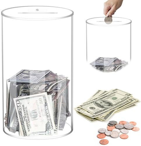 Spardose Transparent, 25.4 x 15.3 x 15.3cm Zylindrisch Klares Sparschwein, Acryl-Spardose, Münzen Banknoten Geldsparbox Durchsichtig Anwendbar auf Erwachsene und Kinder