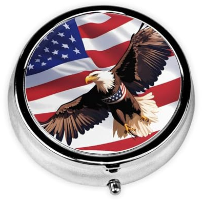 WHJYYXDE Hochwertige, runde Pillendose, 5,1 x 5,1 cm, Mini-Reise-Medikamentendose, leicht zu tragen, USA-Adler mit amerikanischem Flaggenmuster