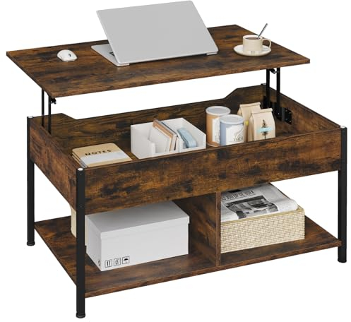 WOLTU Couchtisch höhenverstellbar, Lift-Top-Beistelltisch, Wohnzimmertisch mit Hebeplatte, Kaffeetisch, offener versteckter Stauraum, Rustikales Braun, Metall, B90xH45-60xT50-73 cm,BTS15vbn
