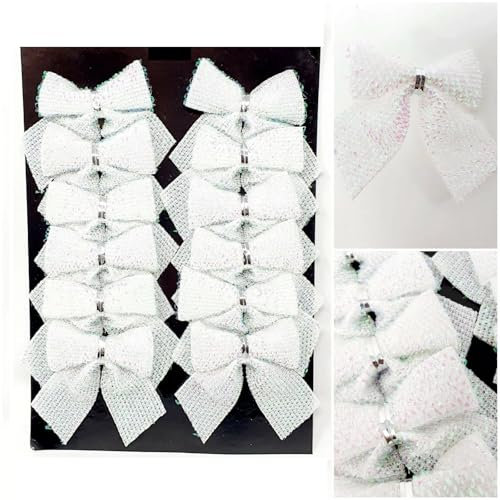 12 White Glitter Tinsel 7cm Bows Christmas Wedding Decoration Tree Card Crafts Bow