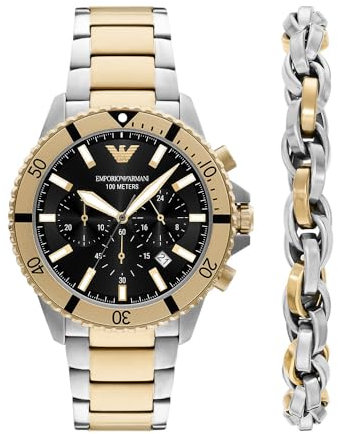 Emporio Armani Watch for Men, 2 sub dial Chronograph Movement and 43mm Case Size with Stainless Steel, Leather or Silicone Strap Roségold und Silberton, 43MM