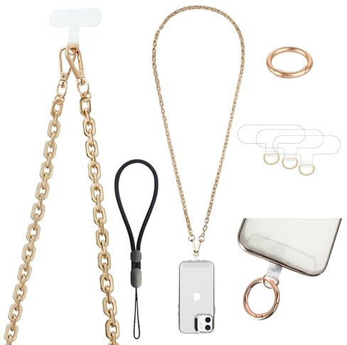 Casecond Crossbody Phone Strap Detachable Cell Phone Lanyard Chain Shoulder Neck with Wrist Strap Charm Finger Grip 3 Patches Tether Anti Theft Universal for iPhone 16 Pro Max 15 14 13 11 Samsung Gold