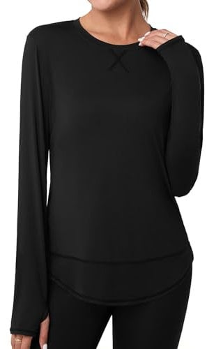 Terecey Sportshirt Damen Langarm Funktionsshirt Atmungsaktive Fitness Workout Yoga Top Leicht Locker Langarmshirt Laufshirt mit Daumenloch, Schwarz 3XL