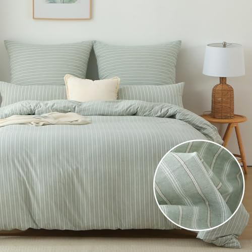 SOULFUL Housse de Couette 140x200 Coton - Certifié Oeko-TEX - Vert Rayé | Parure de Lit 1 Personne avec 1 Taie d'oreiller 65x65 cm - 100% Coton Lavé - Certifié Oeko-TEX - Fermeture Éclair