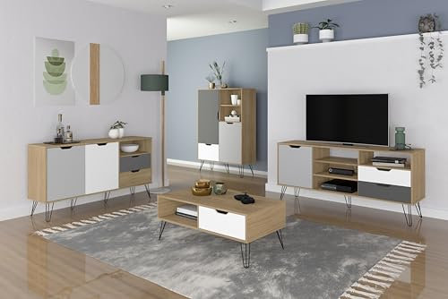 MOMMAHOME® Conjunto Completo de Salon y Comedor, Modelo Estocolmo, Acabado Roble, Blanco y Gris, Aparador + Mueble TV + Mesa de Centro + Aparador Alto Botellero