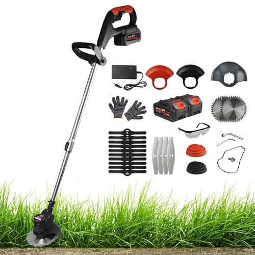 4 in 1 lawn trimmer with battery, 21V brush cutter with weed brush, lightweight telescopic handle for trimmer, garden brush cutter, electric,included 3 types of cutting blades and.. (without wheels)