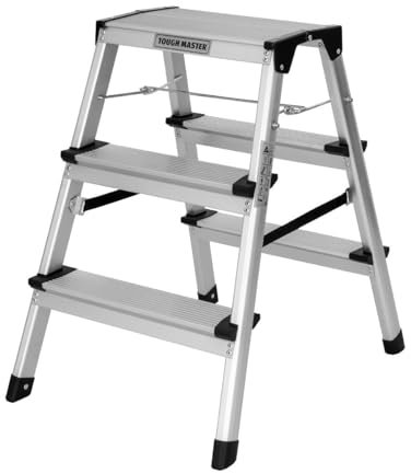 Step Ladder Double-Sided Folding Step Up Stool Heavy Duty Hop Up Aluminium Platform 150kg Capacity Multi-Purpose DIY Indoor Outdoor Usage TOUGH MASTER (3 Steps)