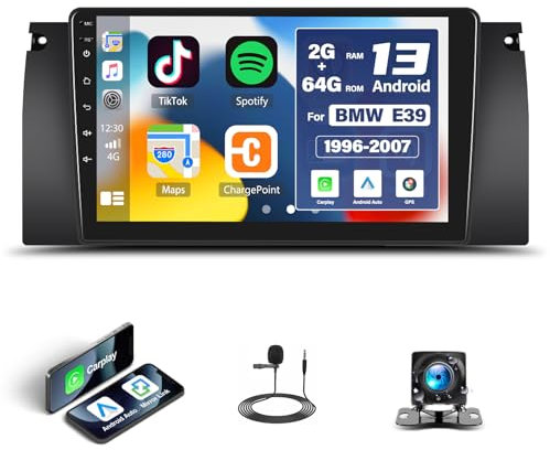 SIXTOP [2G + 64G] Autoradio avec Bluetooth pour BMW 5 E39 E53 M5 X5 1996-2007 avec Carplay Android Auto, Radio Tactile 9 avec GPS WiFi FM/RDS EQ Mirror Link + caméra de recul et Micro