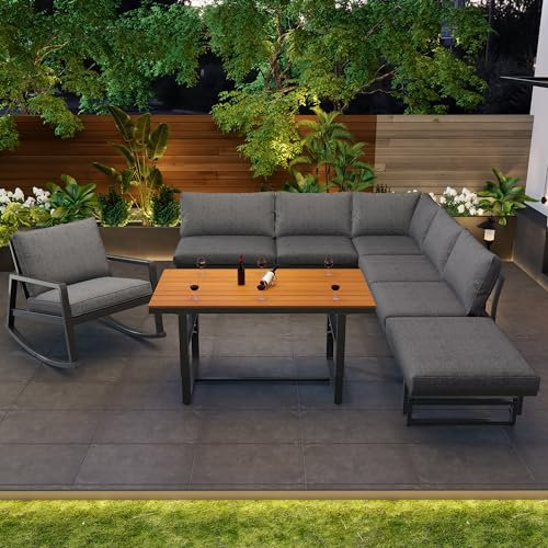 Zepneiy Gartenmöbel Set mit 4 teiliges Set, Lounge Möbel Outdoor mit 2 Sofas und 1 verstellbarem Tisch und 1 Schaukelstuhl, Balkonmöbel Gartensofa aus pulverbeschichtetem Eisengestell, Grau