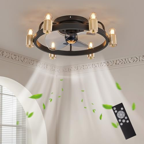 zhxinashu Ventilador Techo Industrial Retro con E27 y Mando a Distancia, Lampara Ventilador Techo Reversible con 6 Velocidades y 3 Palas, Lamparas Techo para Salón y Comedor (Dorado)
