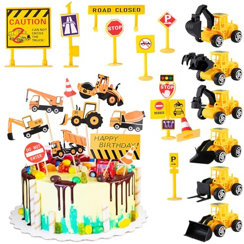Alovez 25 Stk Bagger Tortendeko Baustelle Deko Kindergeburtstag,Baustellenfahrzeuge Kinder,Mini Bagger Deko,Tortendeko Traktor,Kuchendeko Baustelle Kinder,Gabelstapler Spielzeug Kuchen Deko