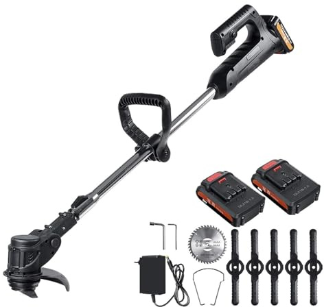 24V 1000W Cordless Electric Lawn Mower 10000RPM Wireless Grass Trimmer Kit with 2 Li-Ion Battery Adjustable Handle Garden Tools for DIY Use